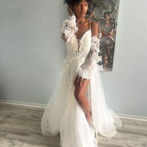 A-Line Wedding Dress with Slit, Beaded Lace, Deep Neckline and Removable Sleeves